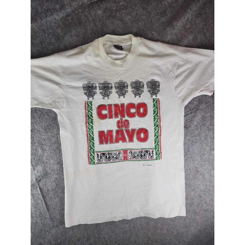 Vintage 1991 Cinco De Mayo T Shirt Large Aztec Print Distressed Single Stitch